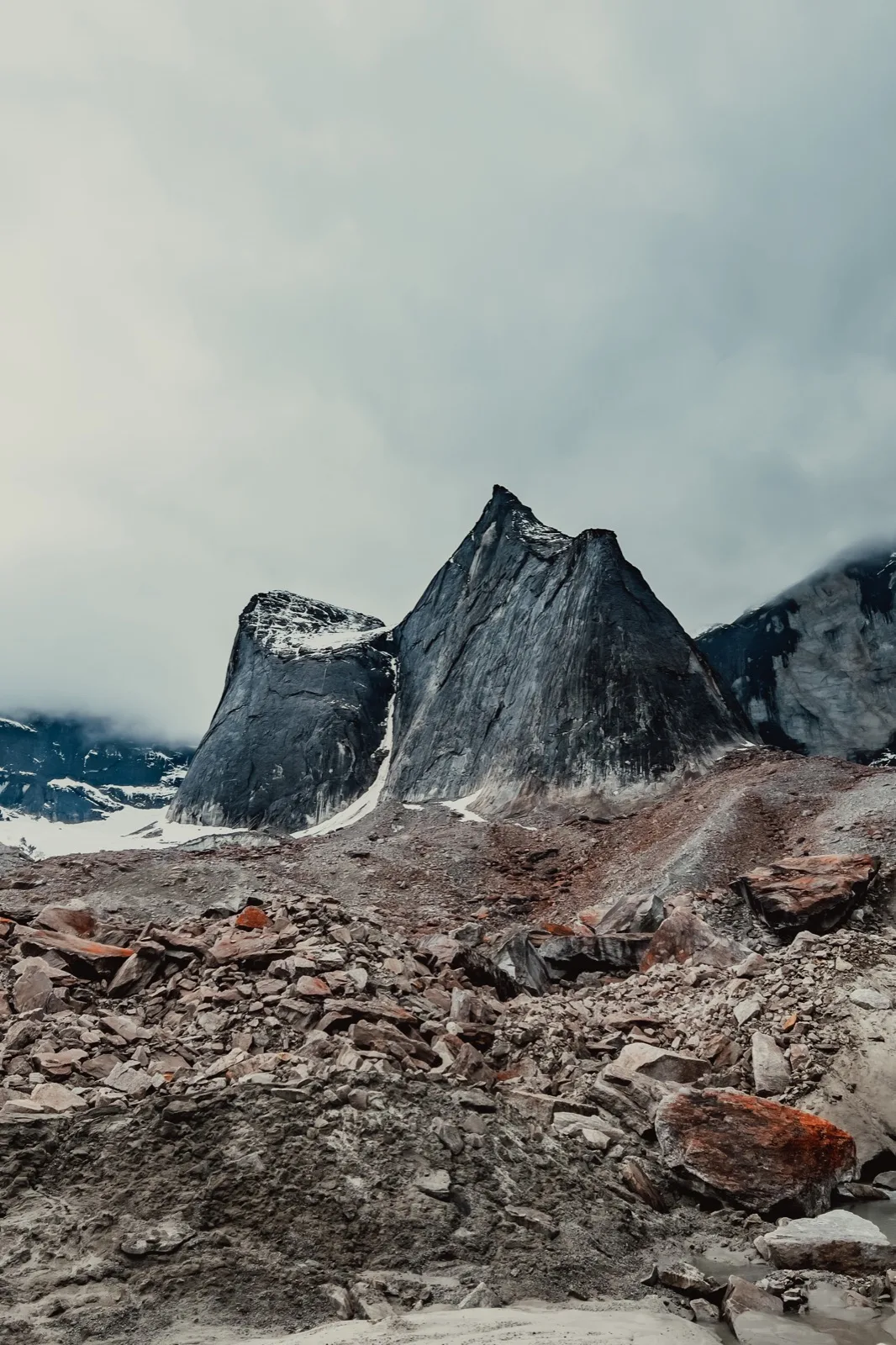 Jagged Alaskan peaks rising beyond a field of rock