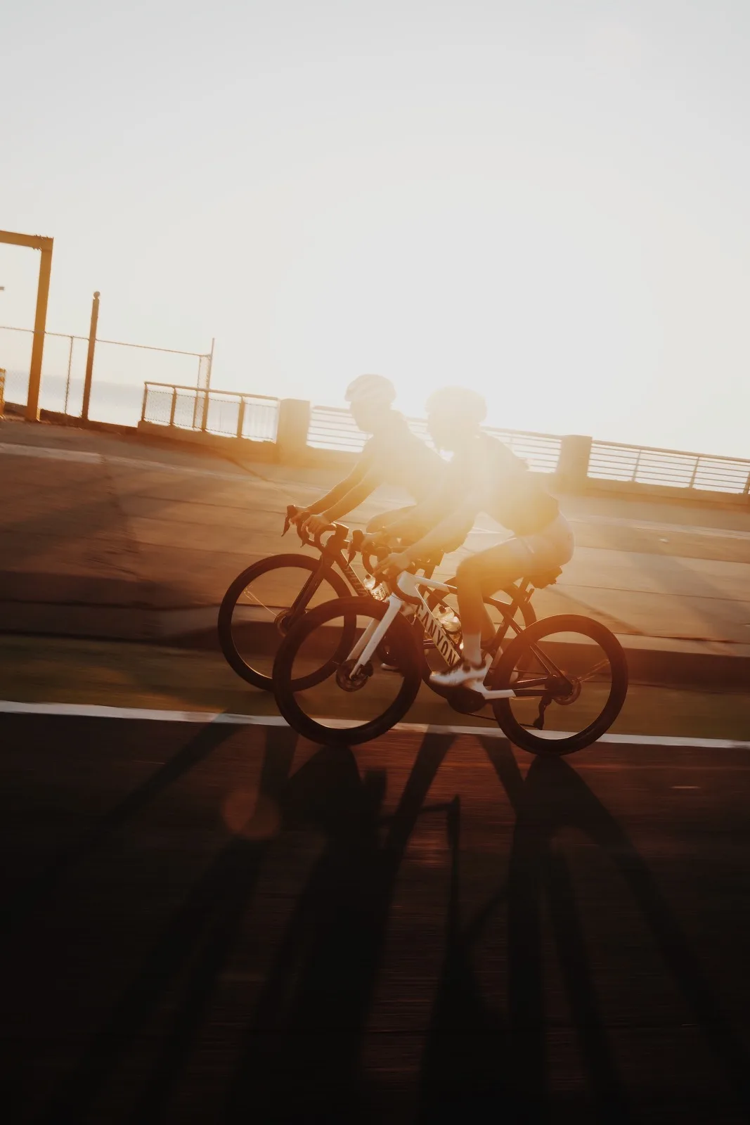 Cyclists reduced to silhouettes in low sun