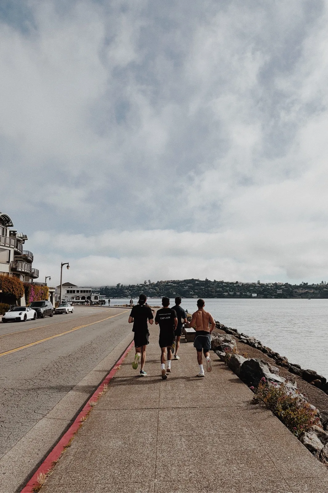 Friends walking along a cloudy waterfront
