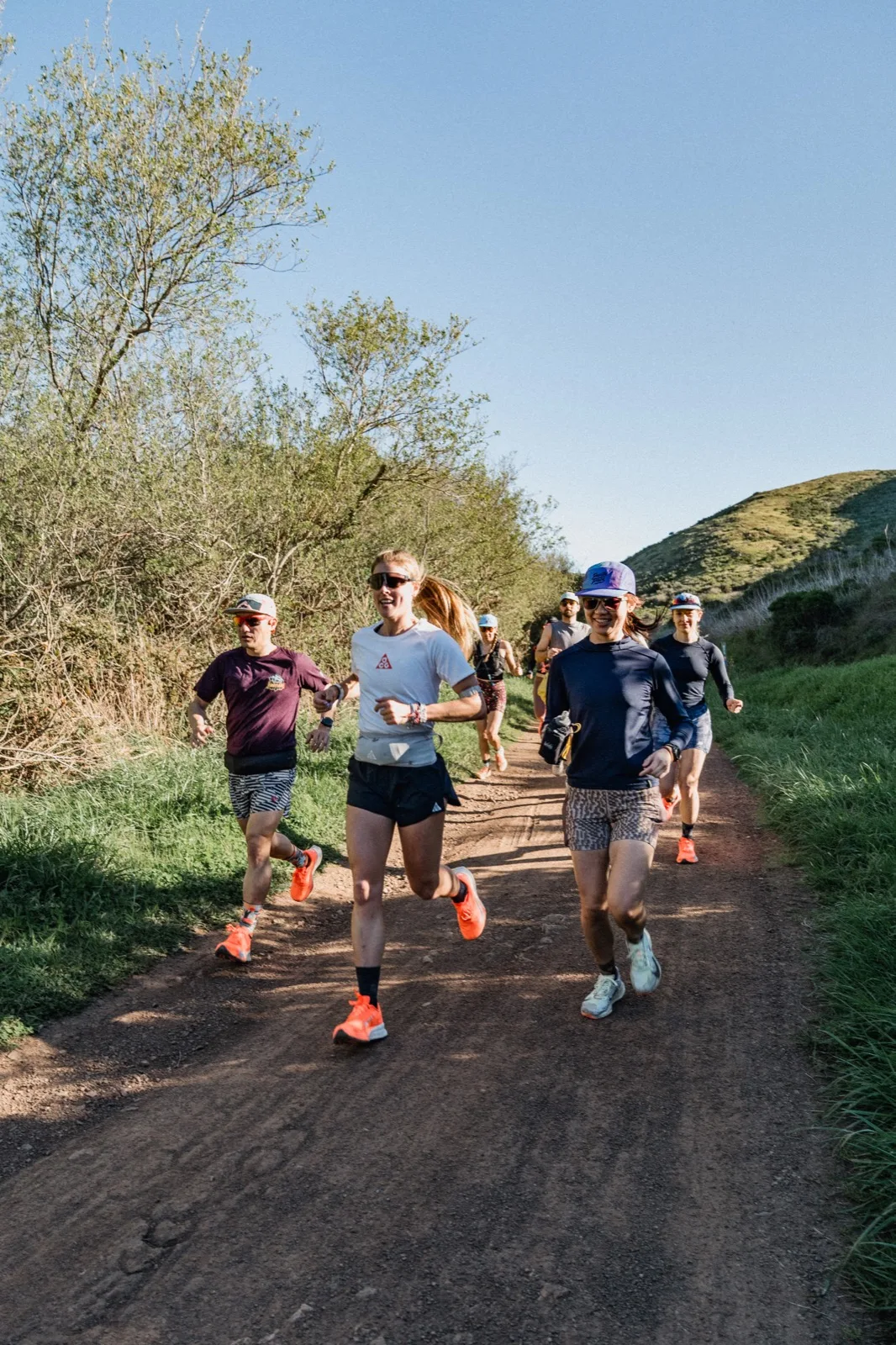 A pack of runners coming around a sunlit bend